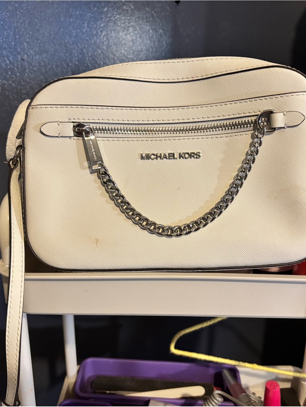 Michael Kors Cream Crossbody with Silver Chain Detail